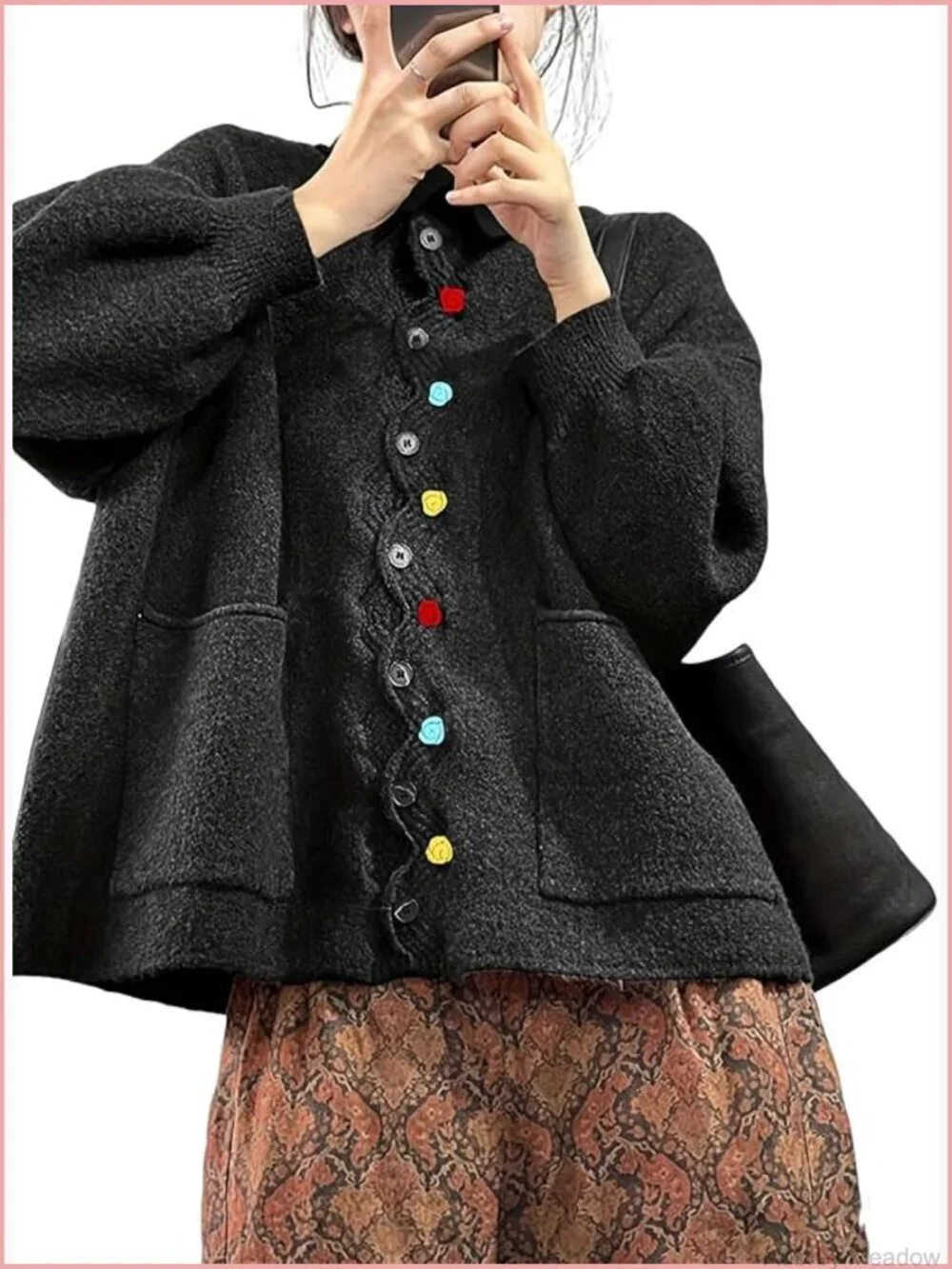 Oversized Knit Cardigan with Puff Sleeves and Pockets